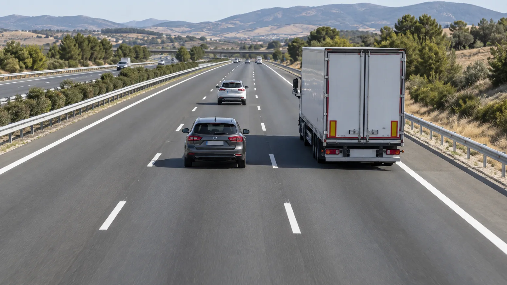 Camión y furgón circulando por el carril derecho de una autovía