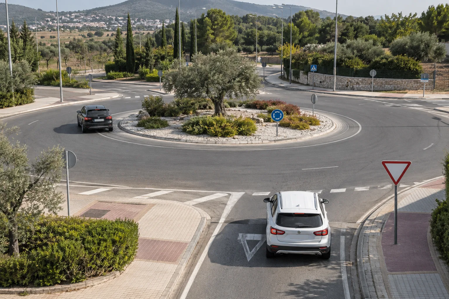 Glorieta con vehículos circulando alrededor de la isleta central