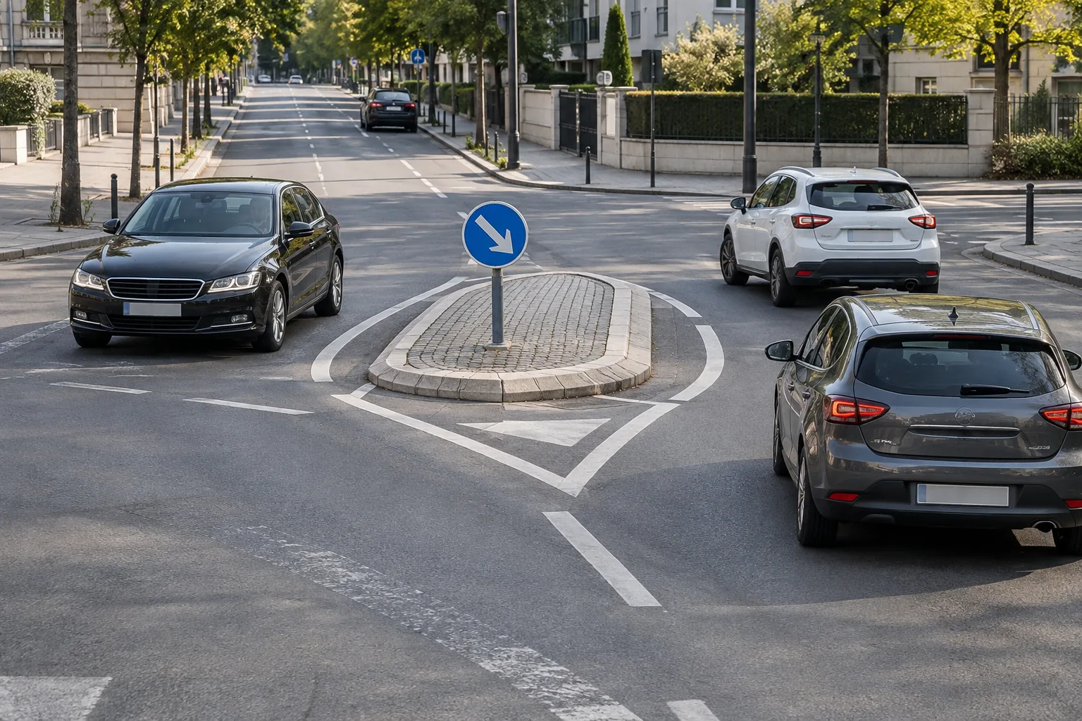 Isleta pintada con líneas blancas paralelas en una intersección