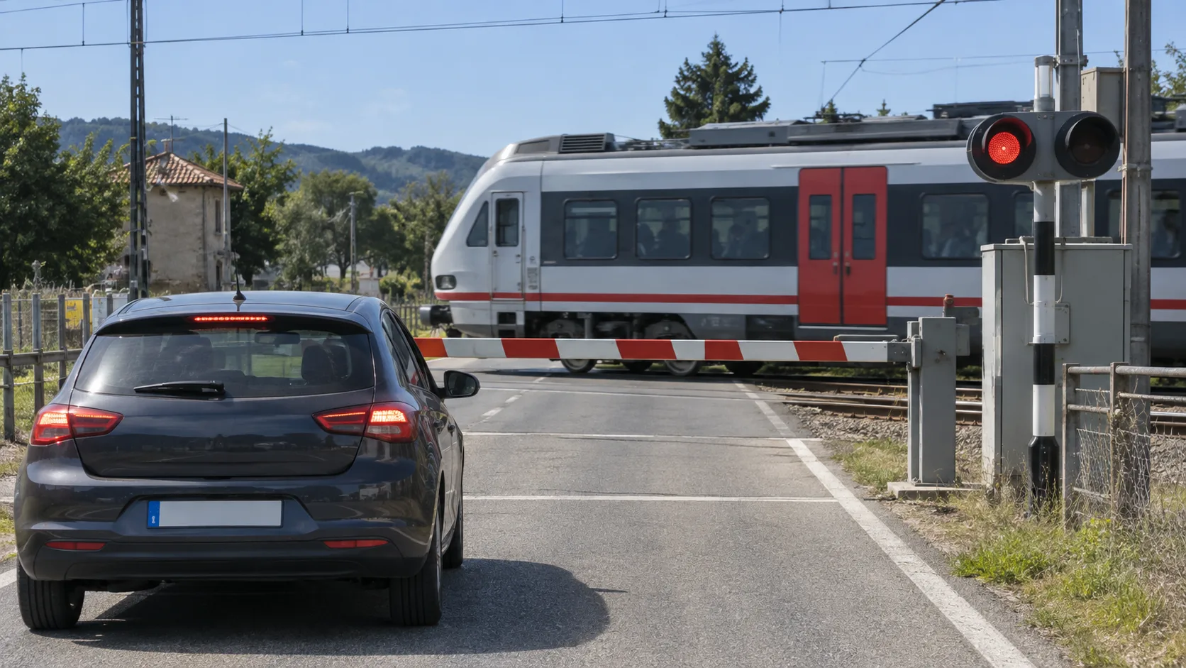 Paso a nivel ferroviario con barreras bajadas y vehículos detenidos antes de la línea