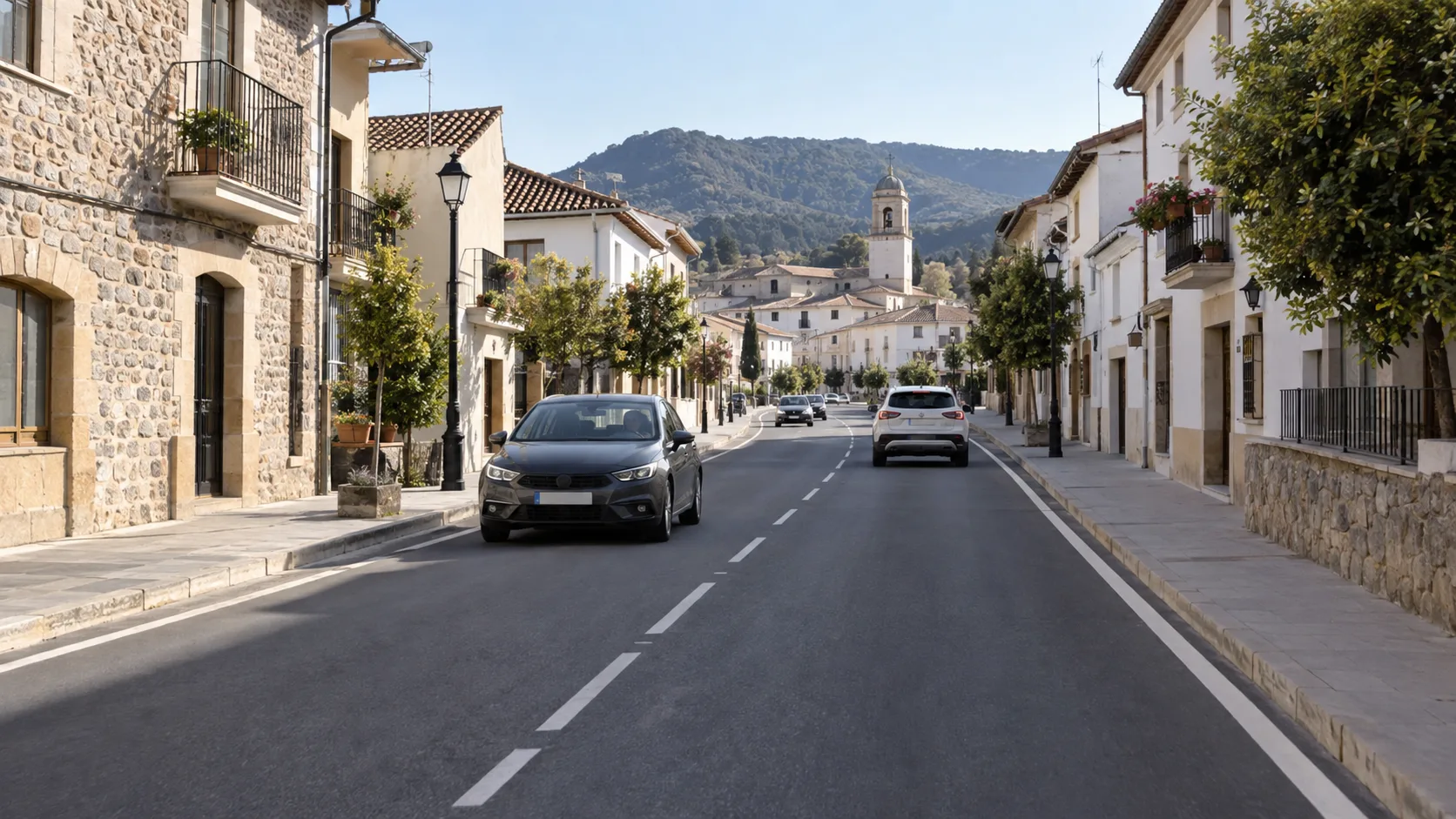 Carretera que entra en un poblado con edificios a ambos lados