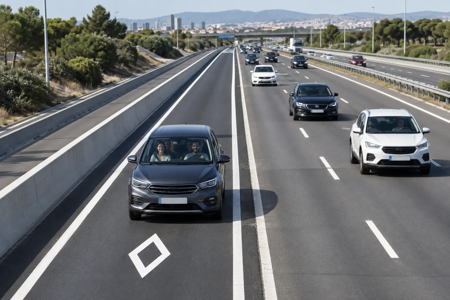 Automóvil con varias personas circulando por un carril VAO señalizado