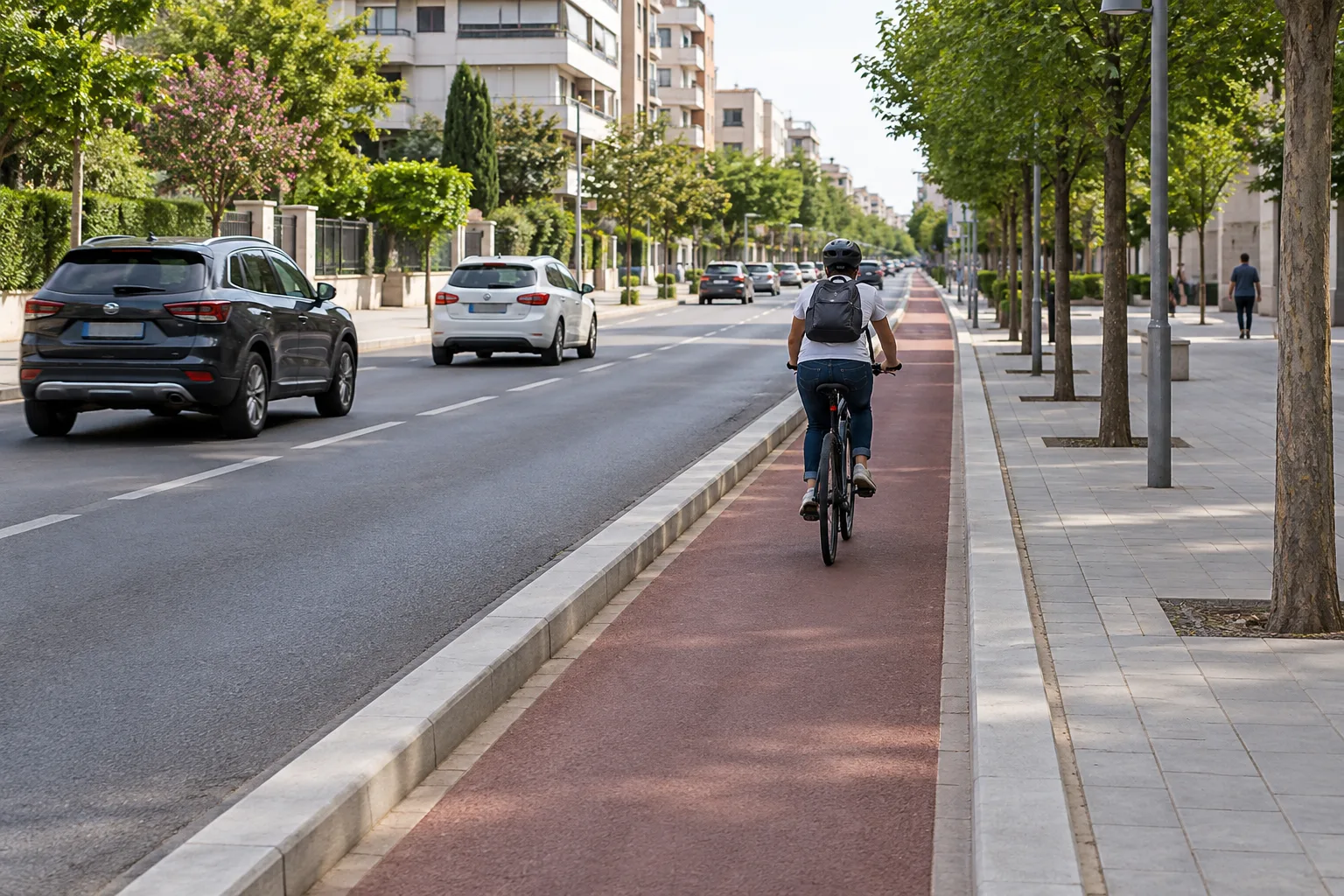 Carril bici protegido entre una calzada urbana y la acera