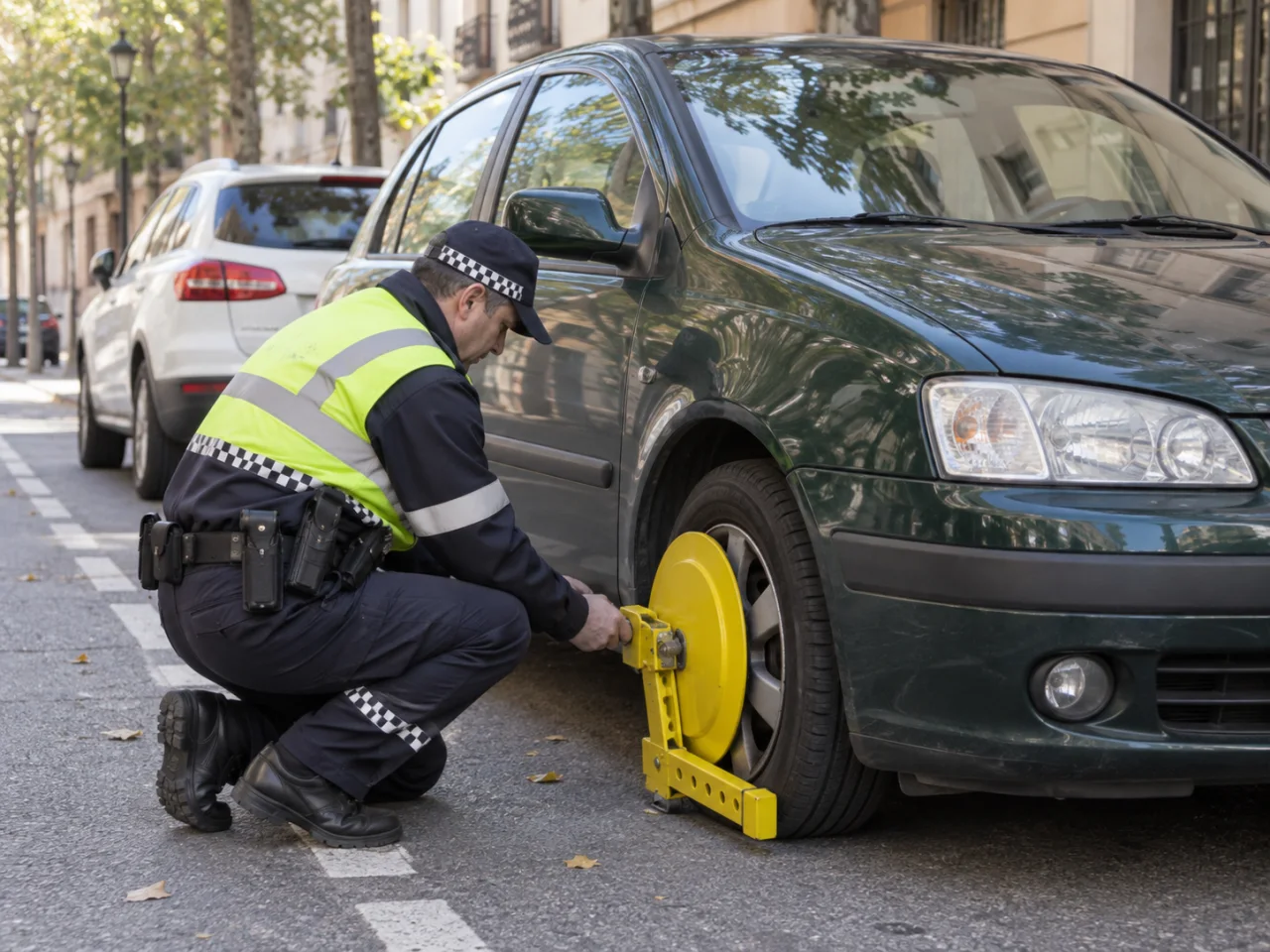 Agente coloca un cepo a un coche detenido por circular sin seguro